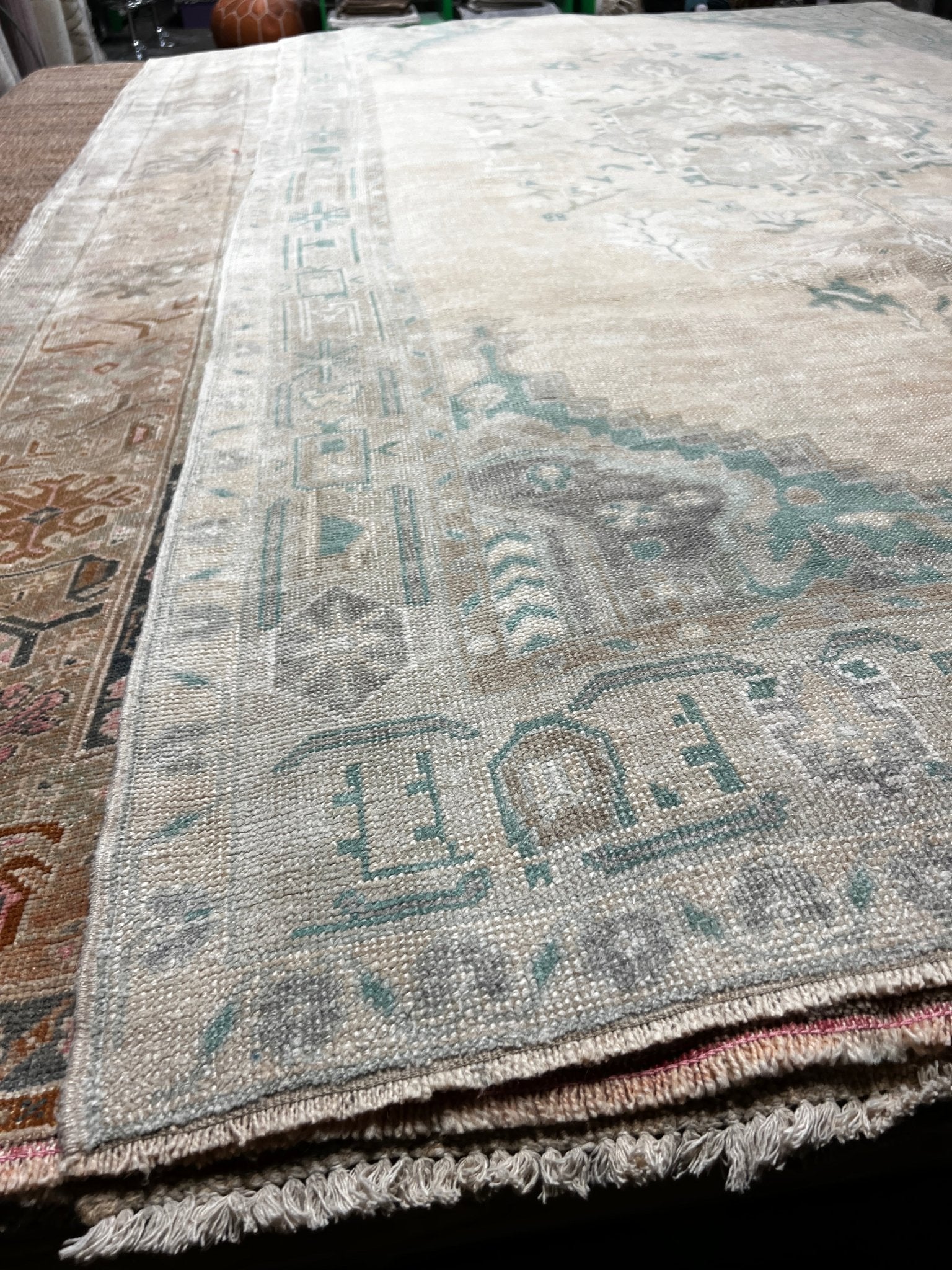 Vintage 5.10x10.6 Blue-Green and Beige Turkish Oushak | Banana Manor Rug Factory Outlet