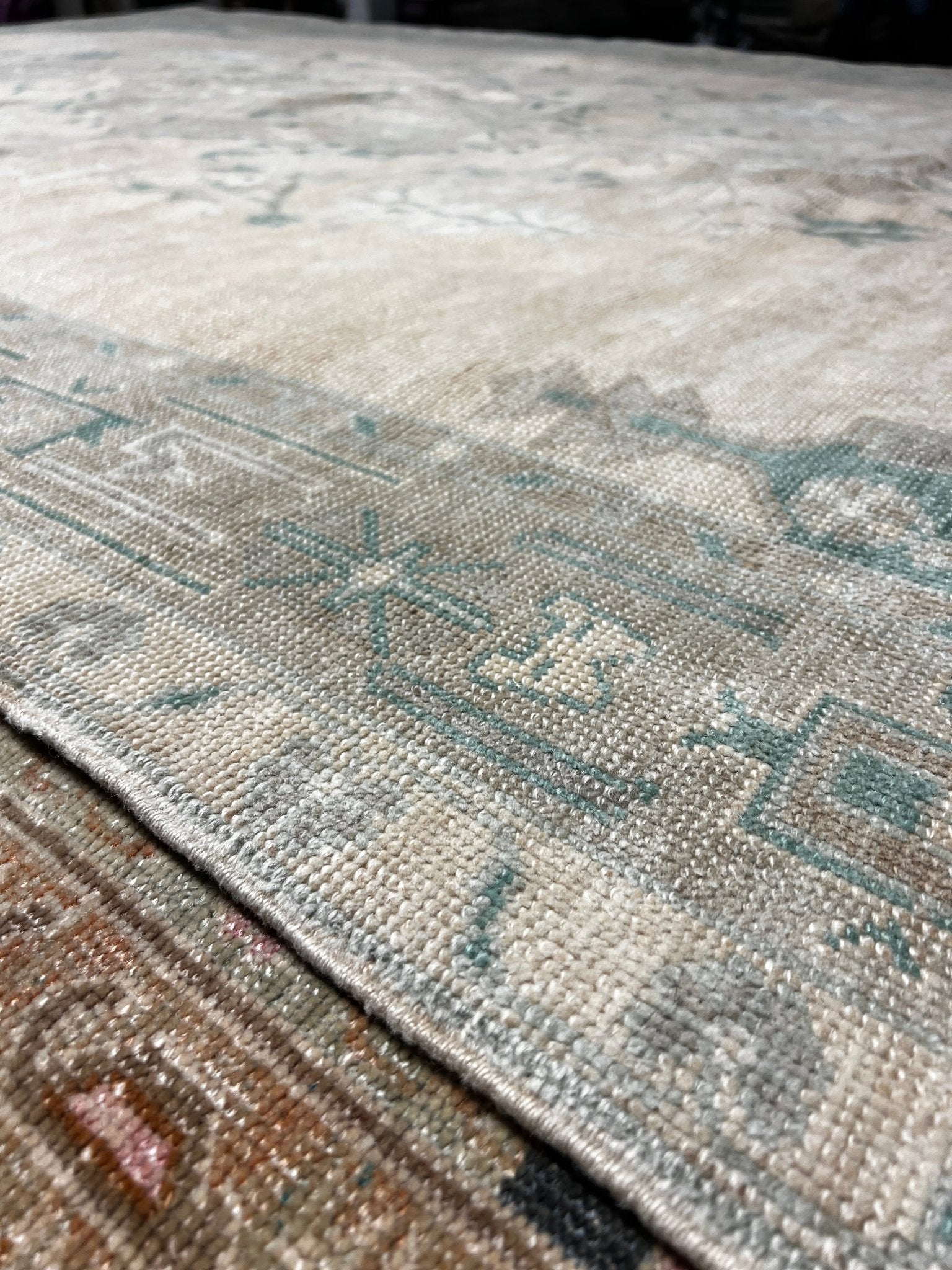 Vintage 5.10x10.6 Blue-Green and Beige Turkish Oushak | Banana Manor Rug Factory Outlet