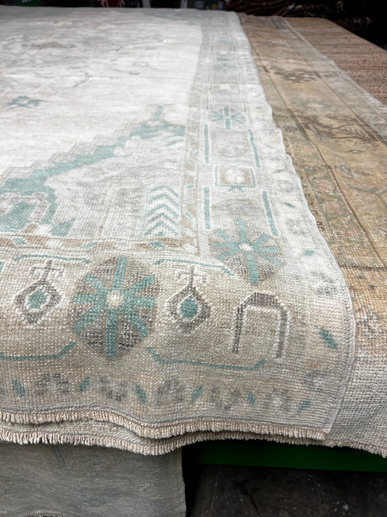 Vintage 5.10x10.6 Blue-Green and Beige Turkish Oushak | Banana Manor Rug Factory Outlet