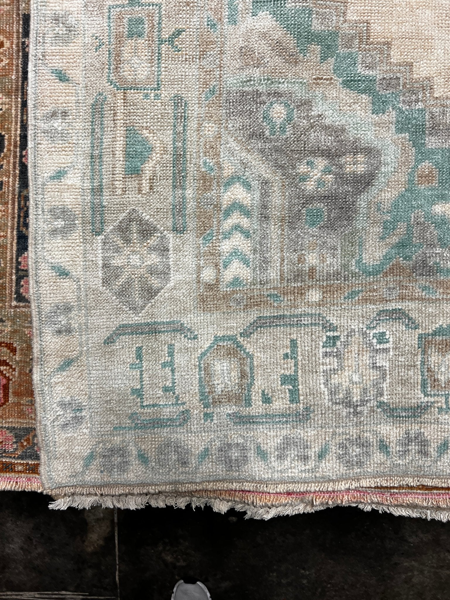 Vintage 5.10x10.6 Blue-Green and Beige Turkish Oushak | Banana Manor Rug Factory Outlet