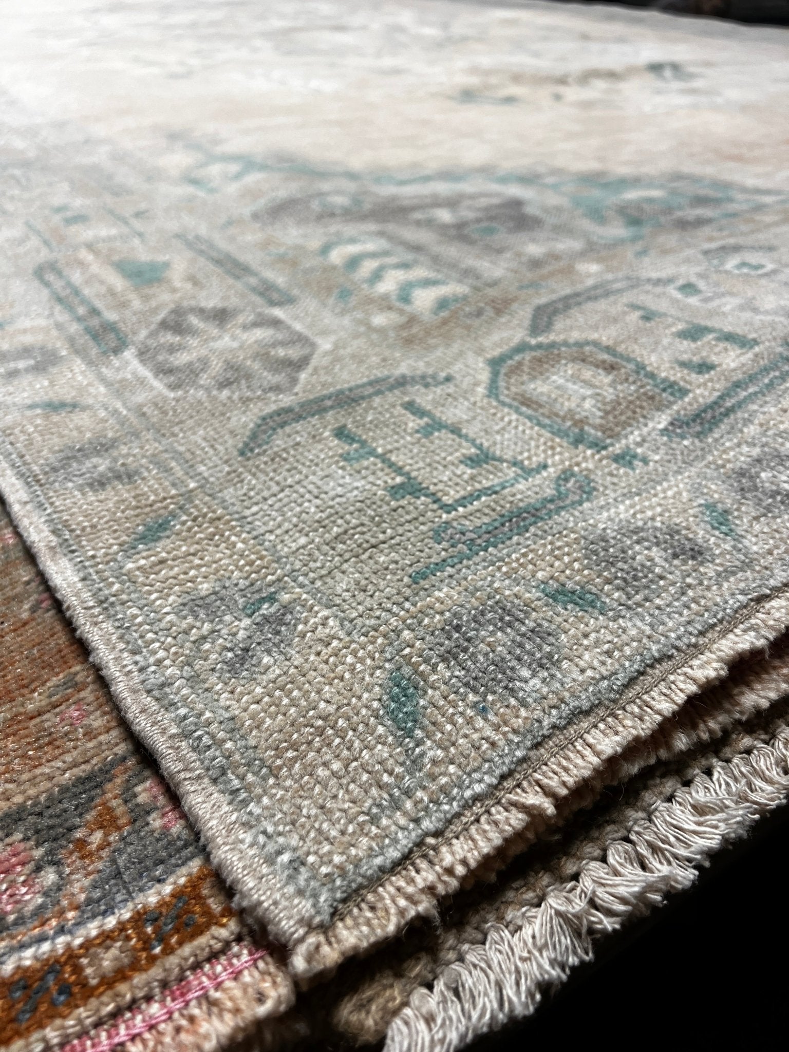 Vintage 5.10x10.6 Blue-Green and Beige Turkish Oushak | Banana Manor Rug Factory Outlet