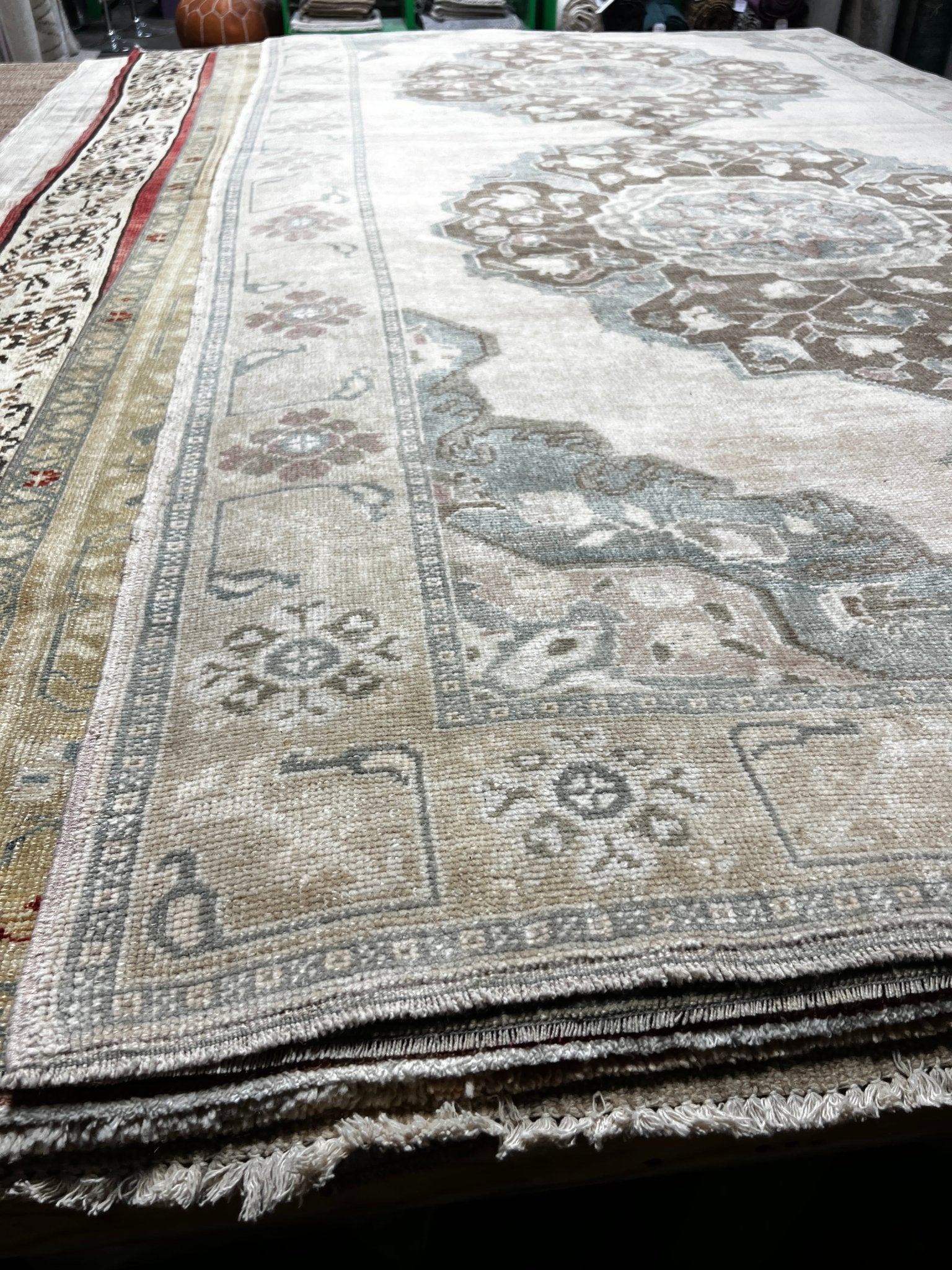 Vintage 5.3x11 Blue and Taupe Turkish Oushak | Banana Manor Rug Factory Outlet