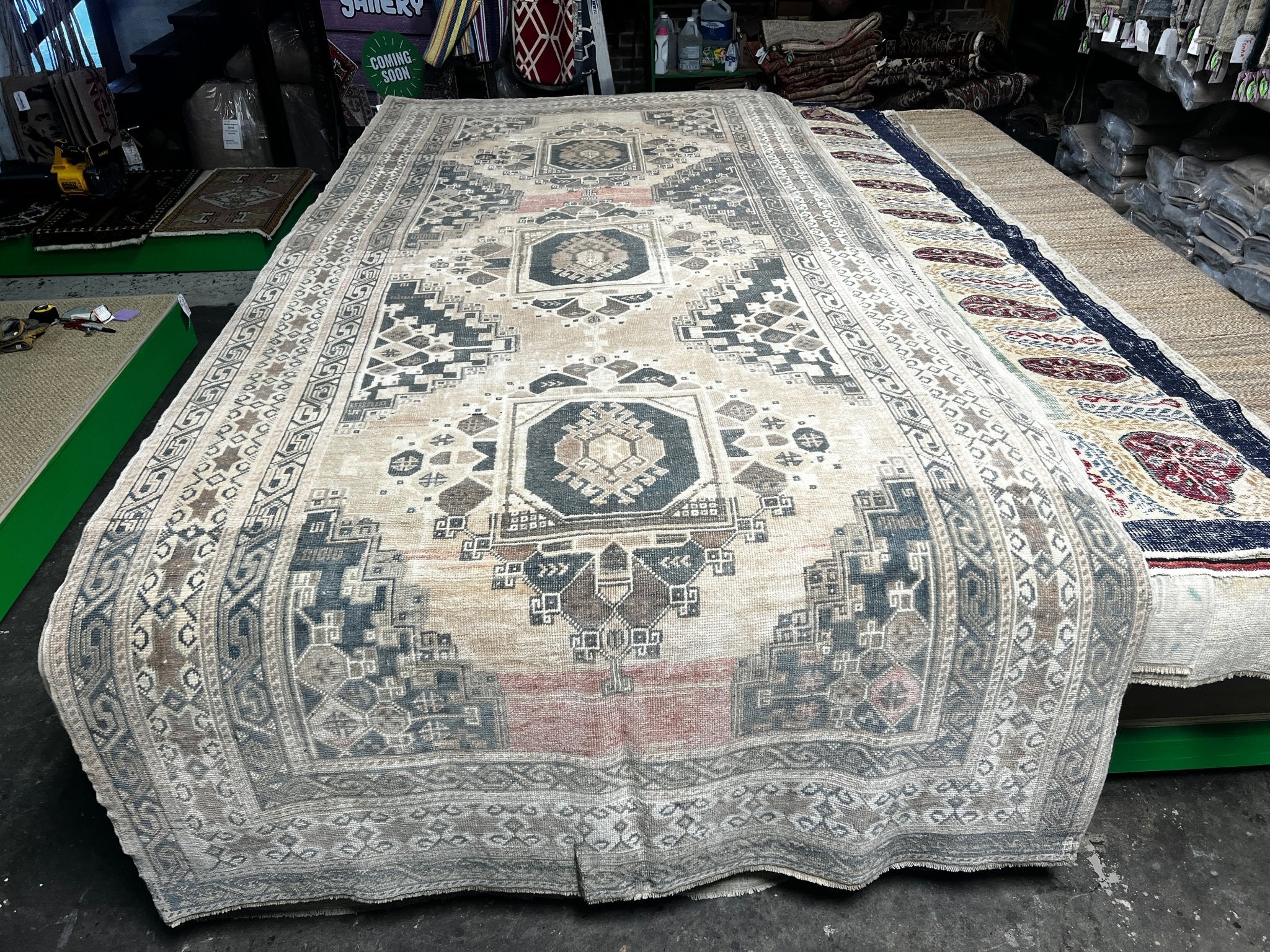 Vintage 5.3x12.2 Blue and Tan Turkish Oushak | Banana Manor Rug Factory Outlet