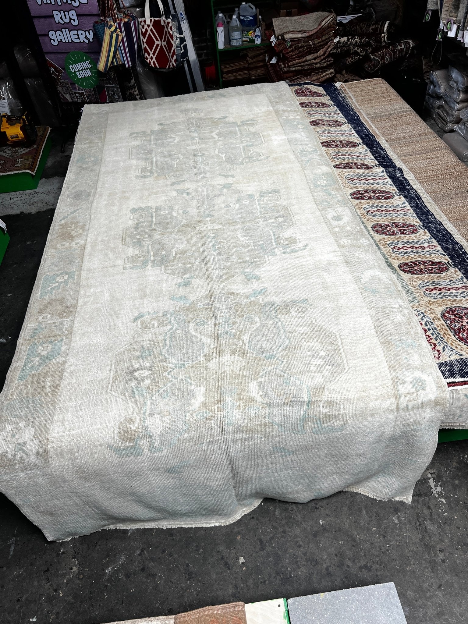 Vintage 5.5x12.4 Blue and Taupe Turkish Oushak | Banana Manor Rug Factory Outlet