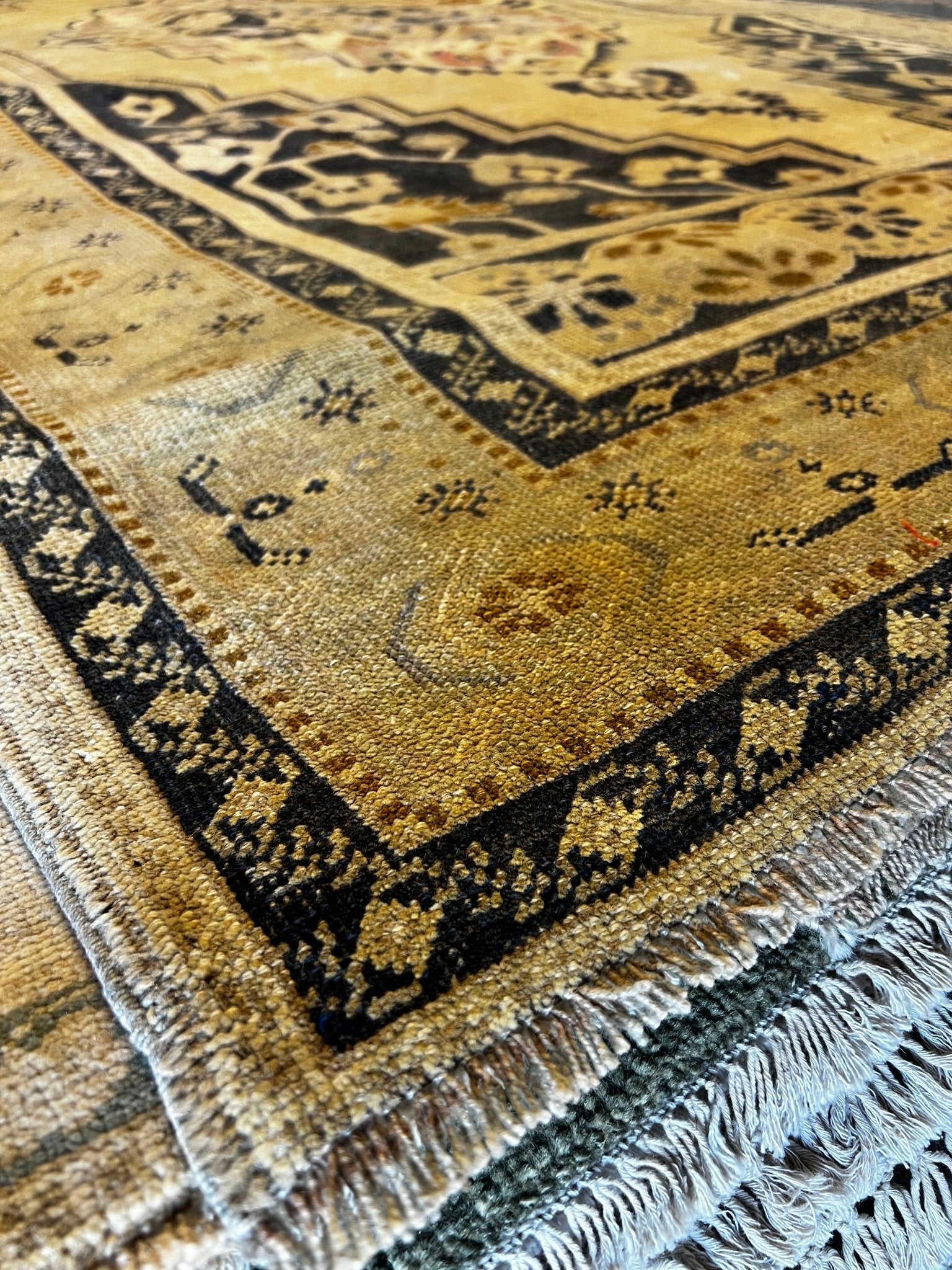 Vintage 5.7x10 Dark Blue and Tan Turkish Oushak | Banana Manor Rug Factory Outlet