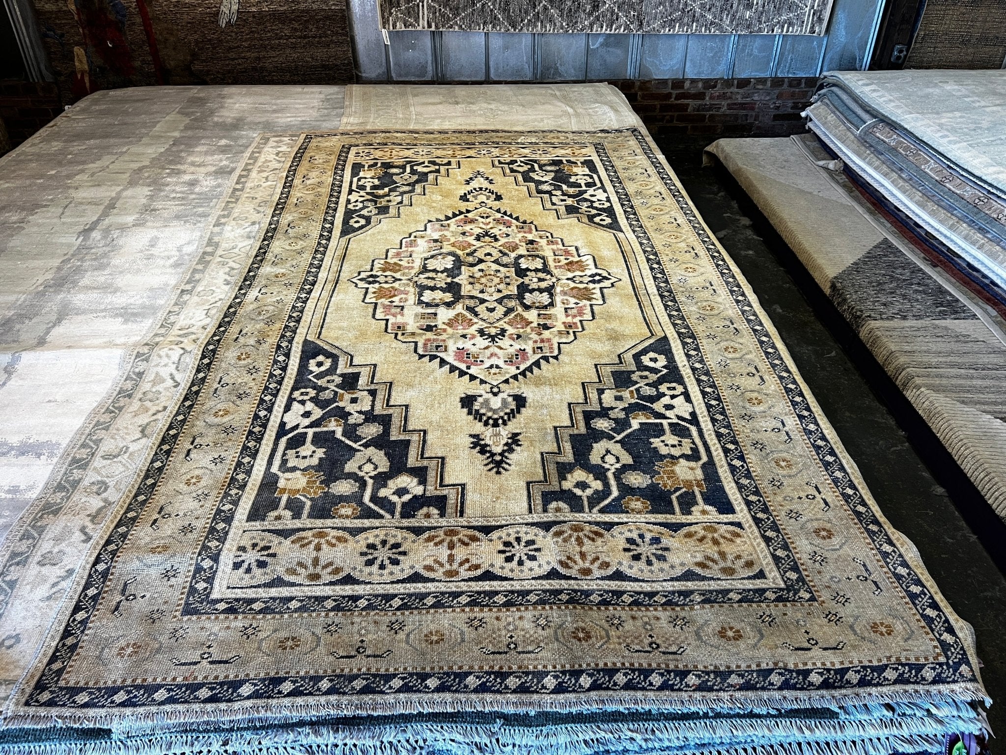 Vintage 5.7x10 Dark Blue and Tan Turkish Oushak | Banana Manor Rug Factory Outlet