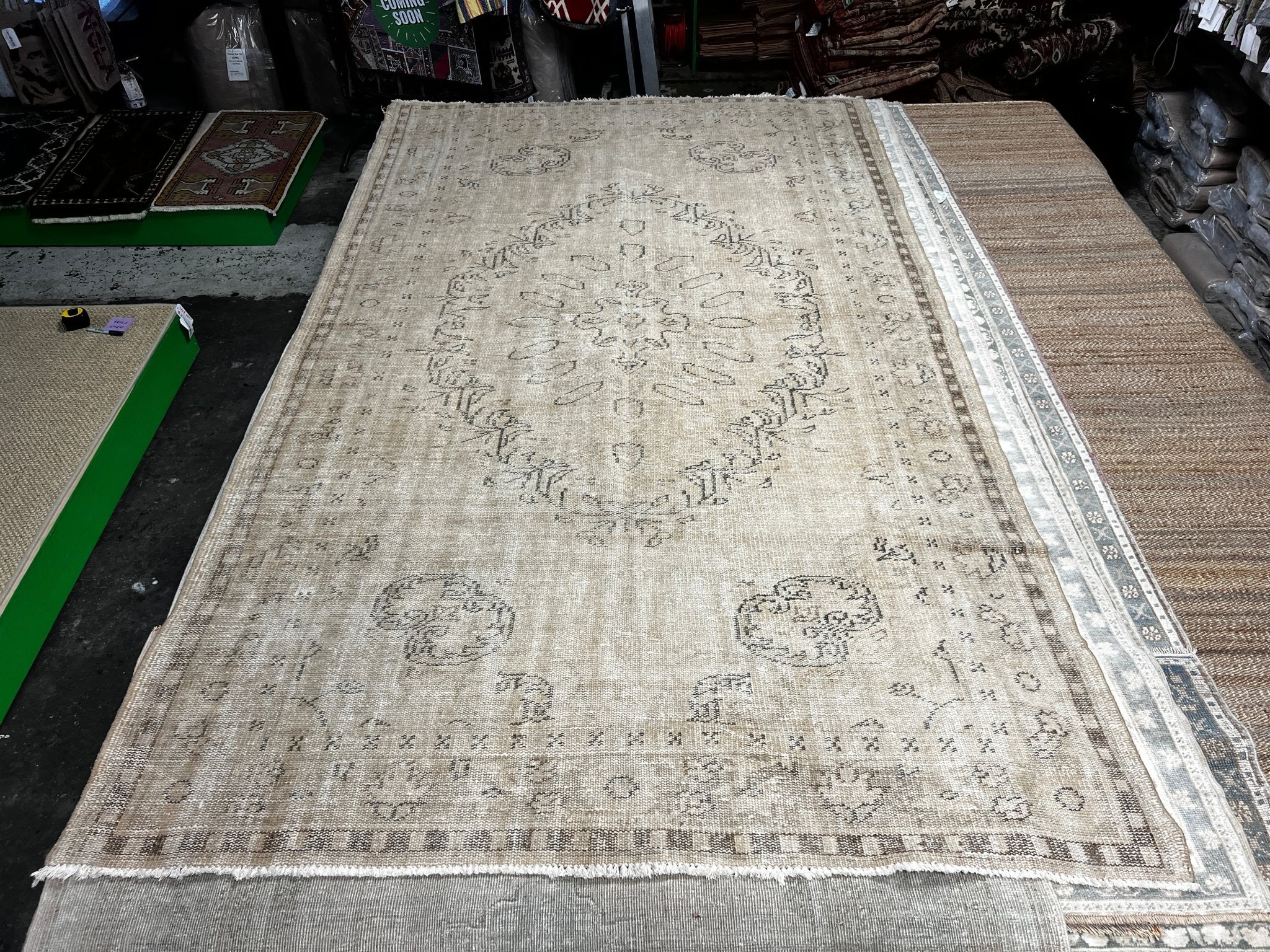 Vintage 5.9x9.8 Beige and Brown Turkish Oushak | Banana Manor Rug Factory Outlet