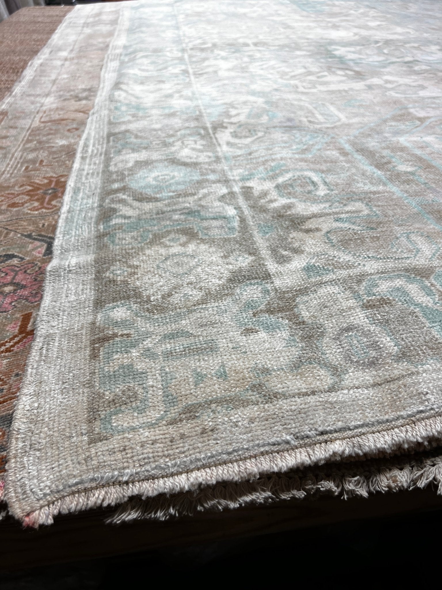 Vintage 6.2x9.5 Blue and Taupe Turkish Oushak | Banana Manor Rug Factory Outlet