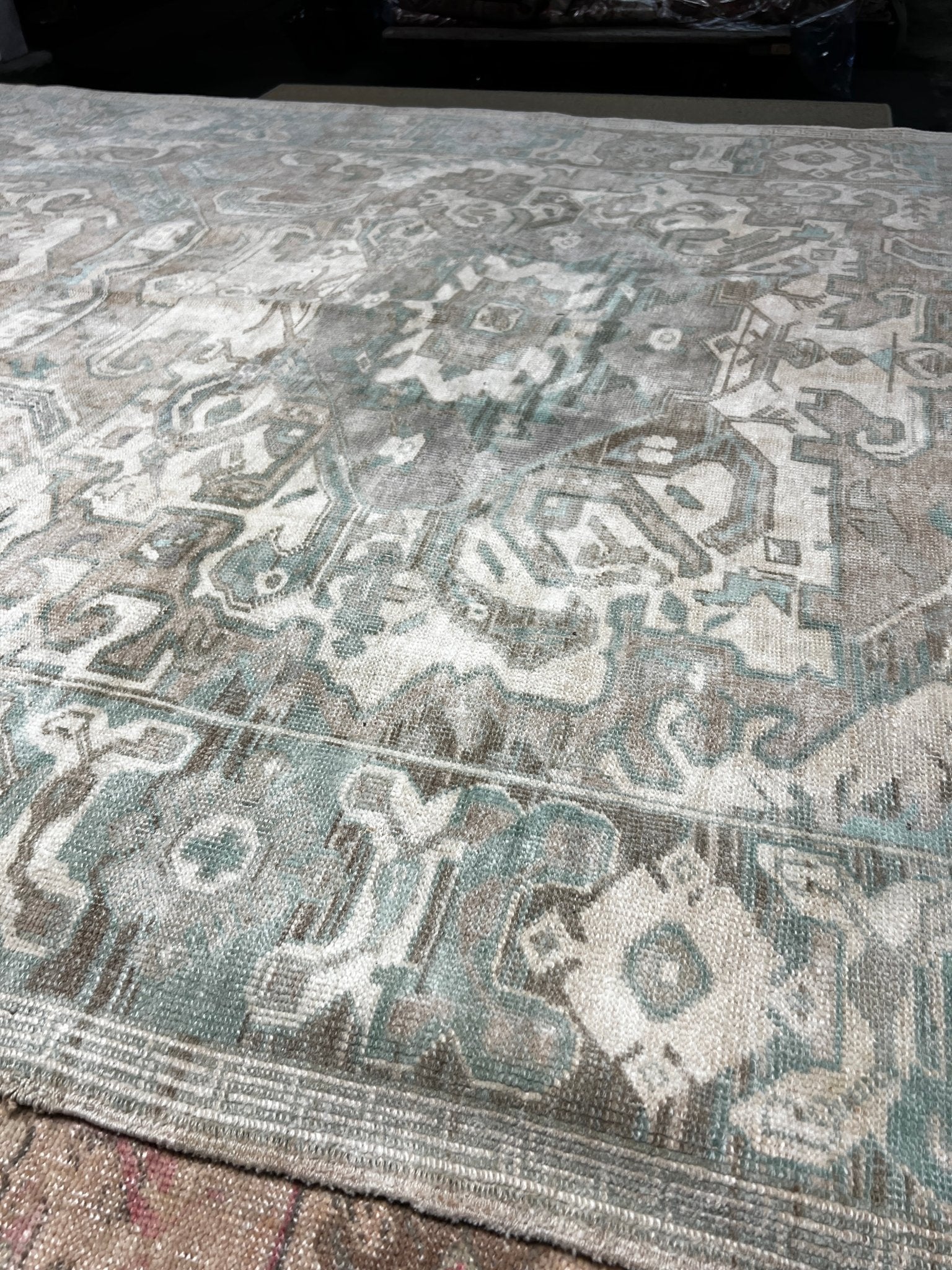 Vintage 6.2x9.5 Blue and Taupe Turkish Oushak | Banana Manor Rug Factory Outlet