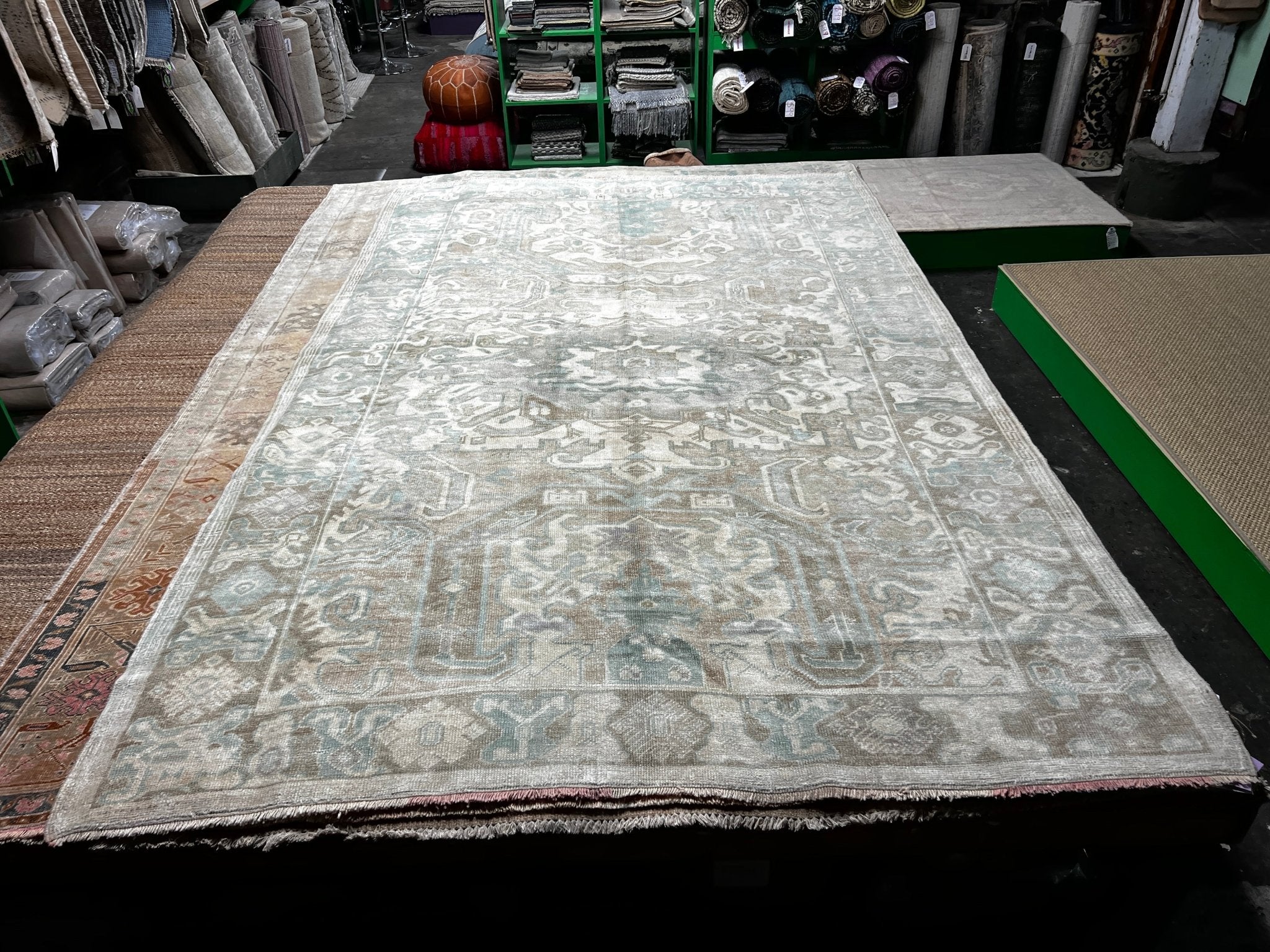 Vintage 6.2x9.5 Blue and Taupe Turkish Oushak | Banana Manor Rug Factory Outlet