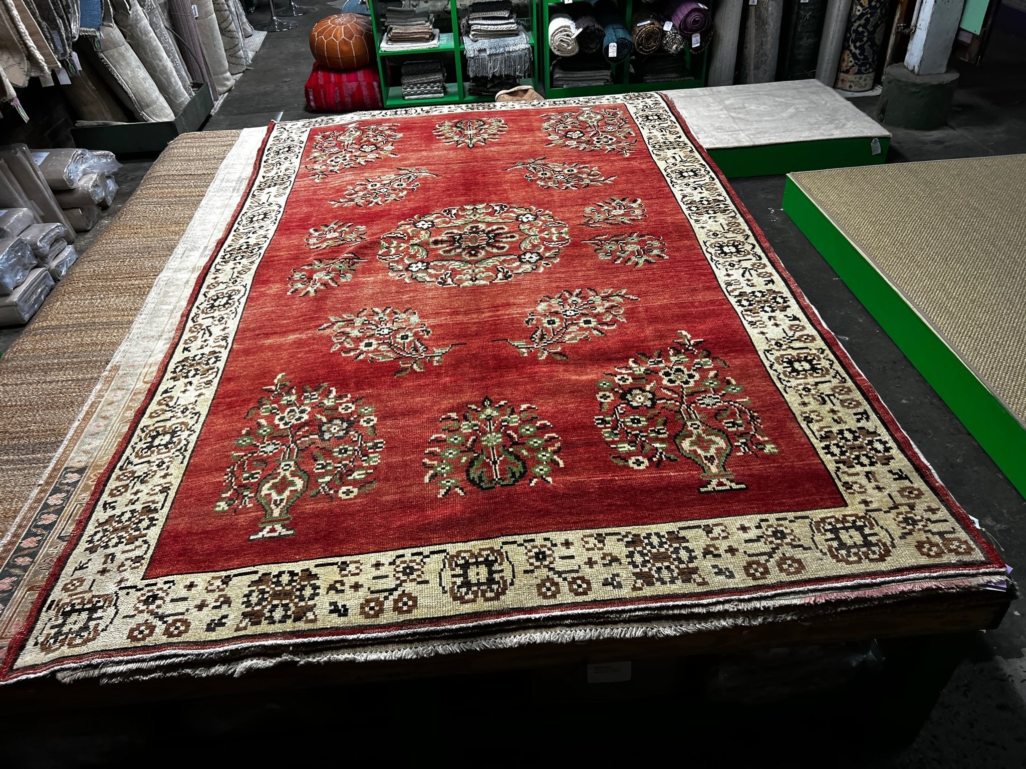 Vintage 6.5x10.1 Red and Beige Turkish Oushak | Banana Manor Rug Factory Outlet