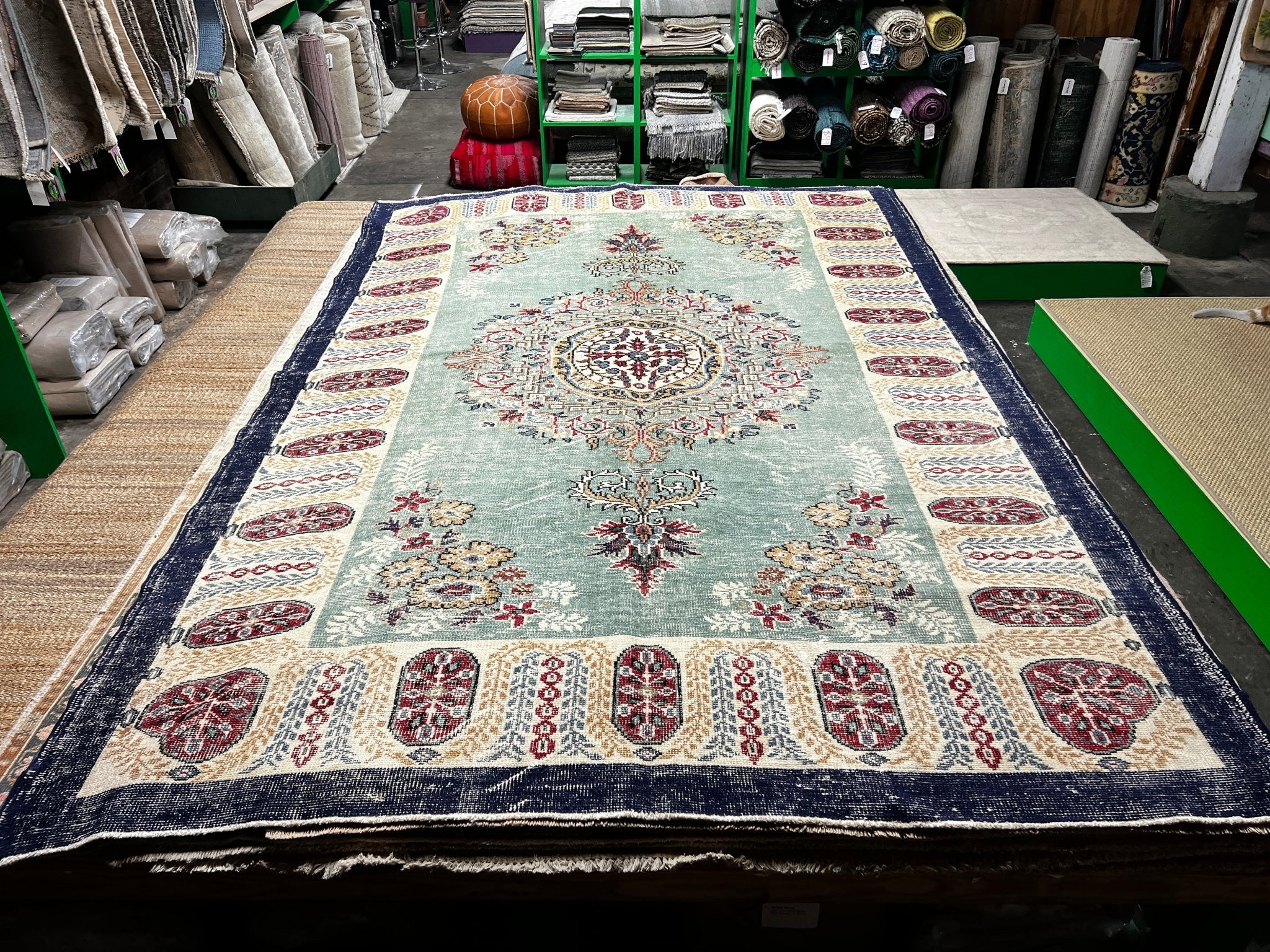 Vintage 6.8x10 Blue and Red Turkish Oushak | Banana Manor Rug Factory Outlet