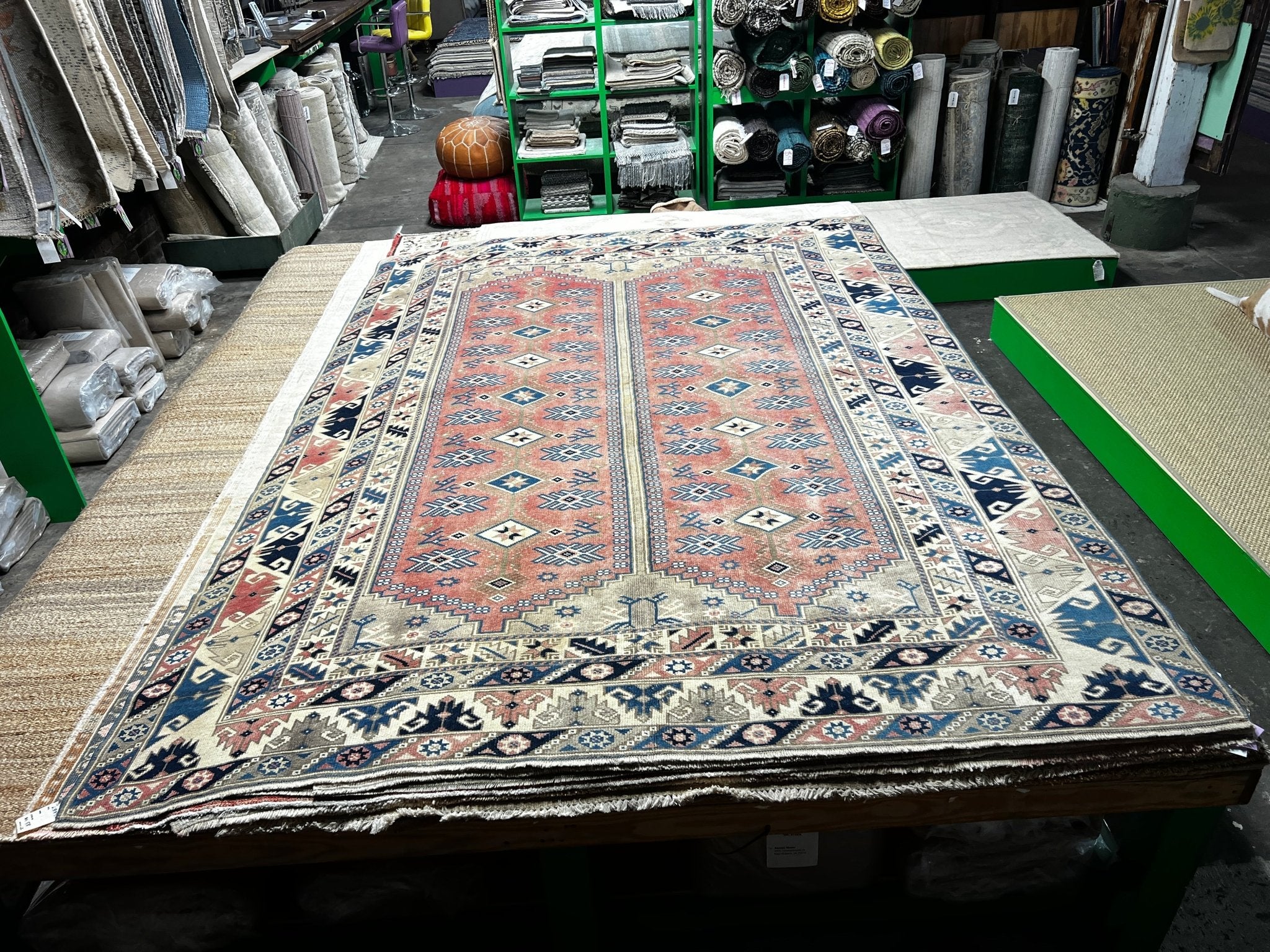 Vintage 6.8x9.2 Pink and Blue Turkish Oushak | Banana Manor Rug Factory Outlet