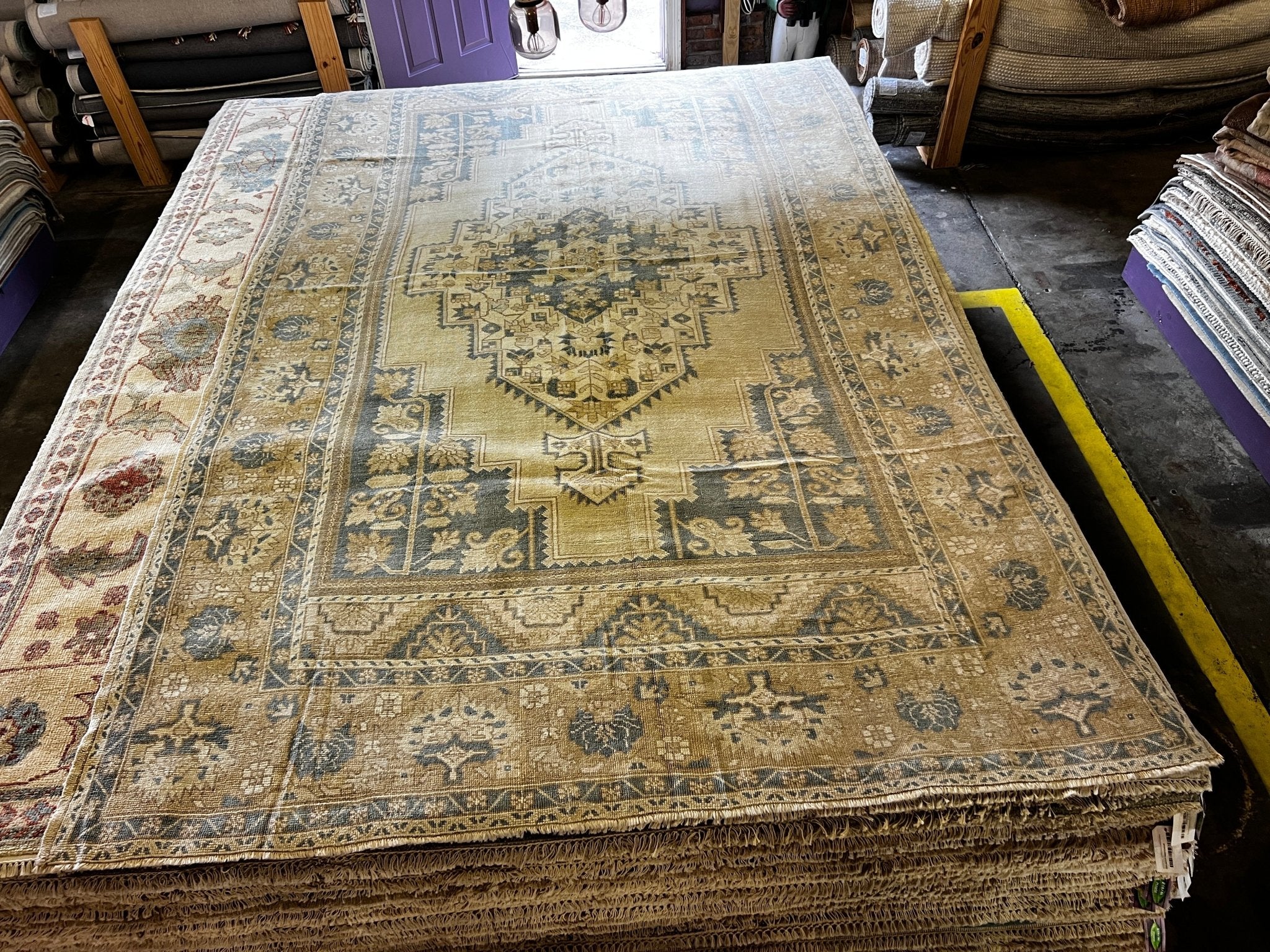 Vintage 7.6x12.4 Blue and Tan Turkish Oushak | Banana Manor Rug Factory Outlet