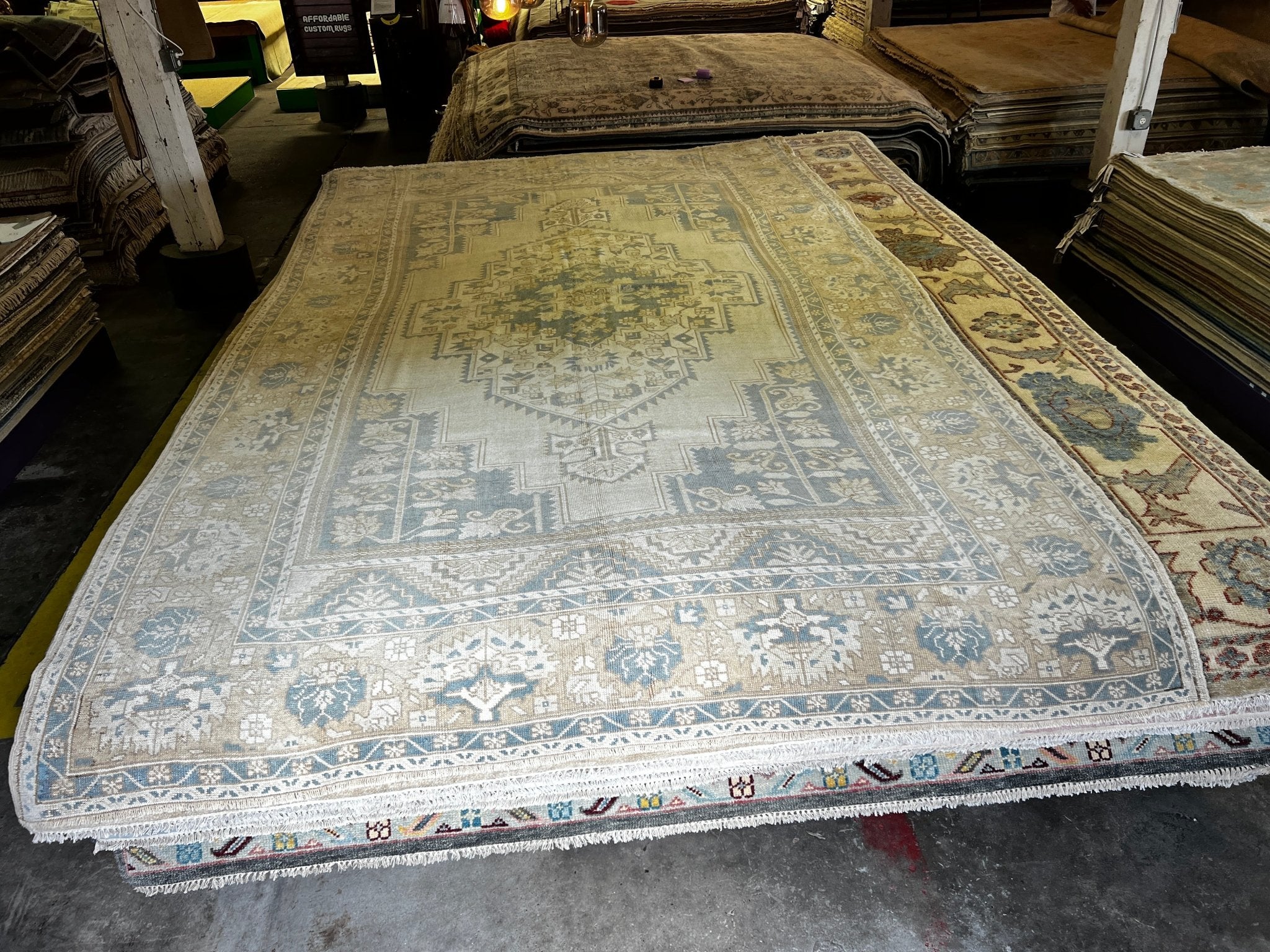 Vintage 7.6x12.4 Blue and Tan Turkish Oushak | Banana Manor Rug Factory Outlet