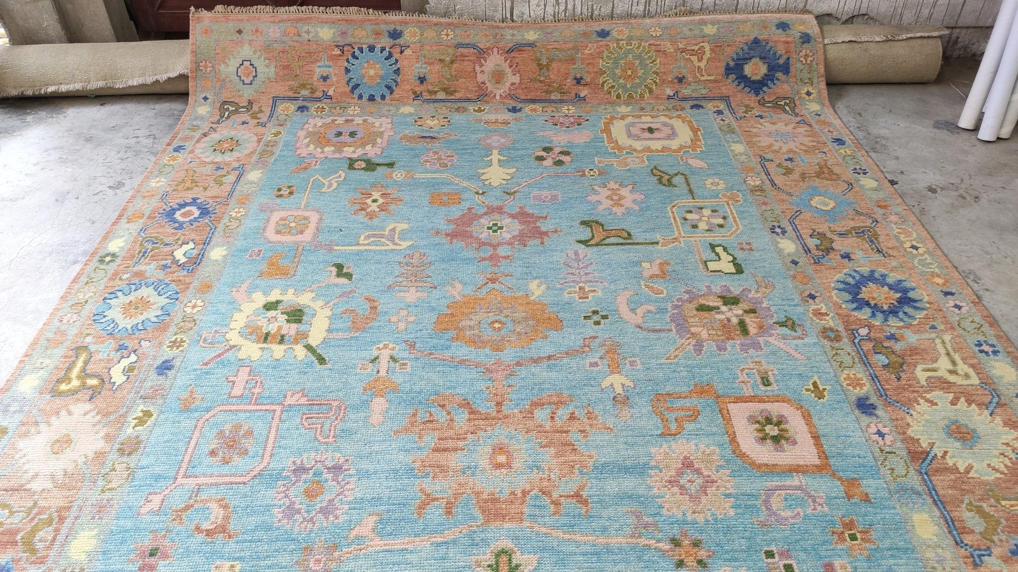 Violet 8x10.3 Light Blue and Rust Hand-Knotted Oushak Rug | Banana Manor Rug Company