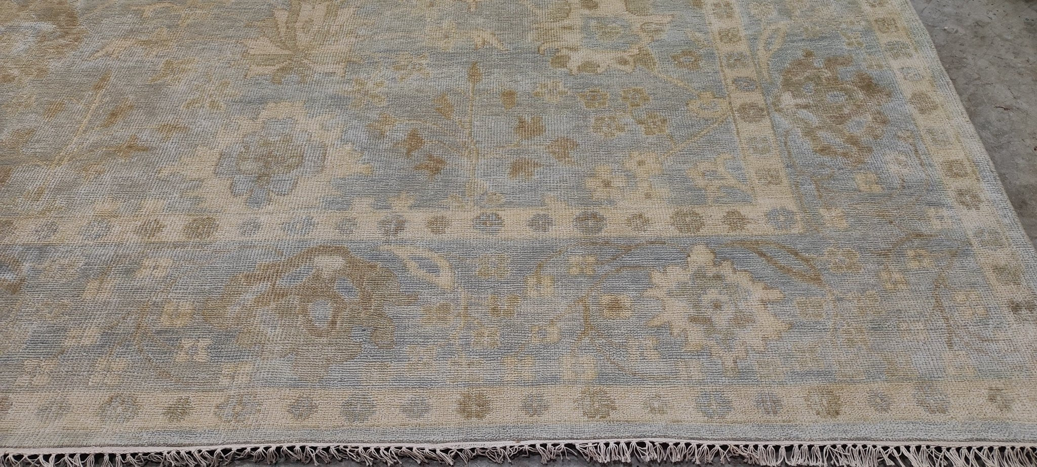 Vitas Gerulaitis 10x13.9 Aqua and Grey Hand-Knotted Oushak Rug | Banana Manor Rug Company