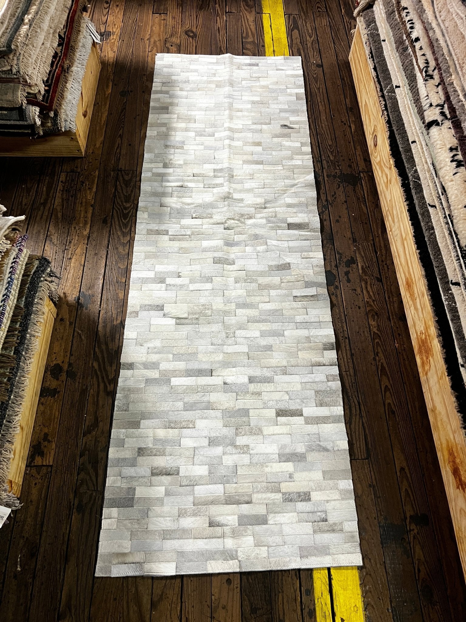 White and Grey 2.6x8 Patchwork Cowhide Runner | Banana Manor Rug Factory Outlet