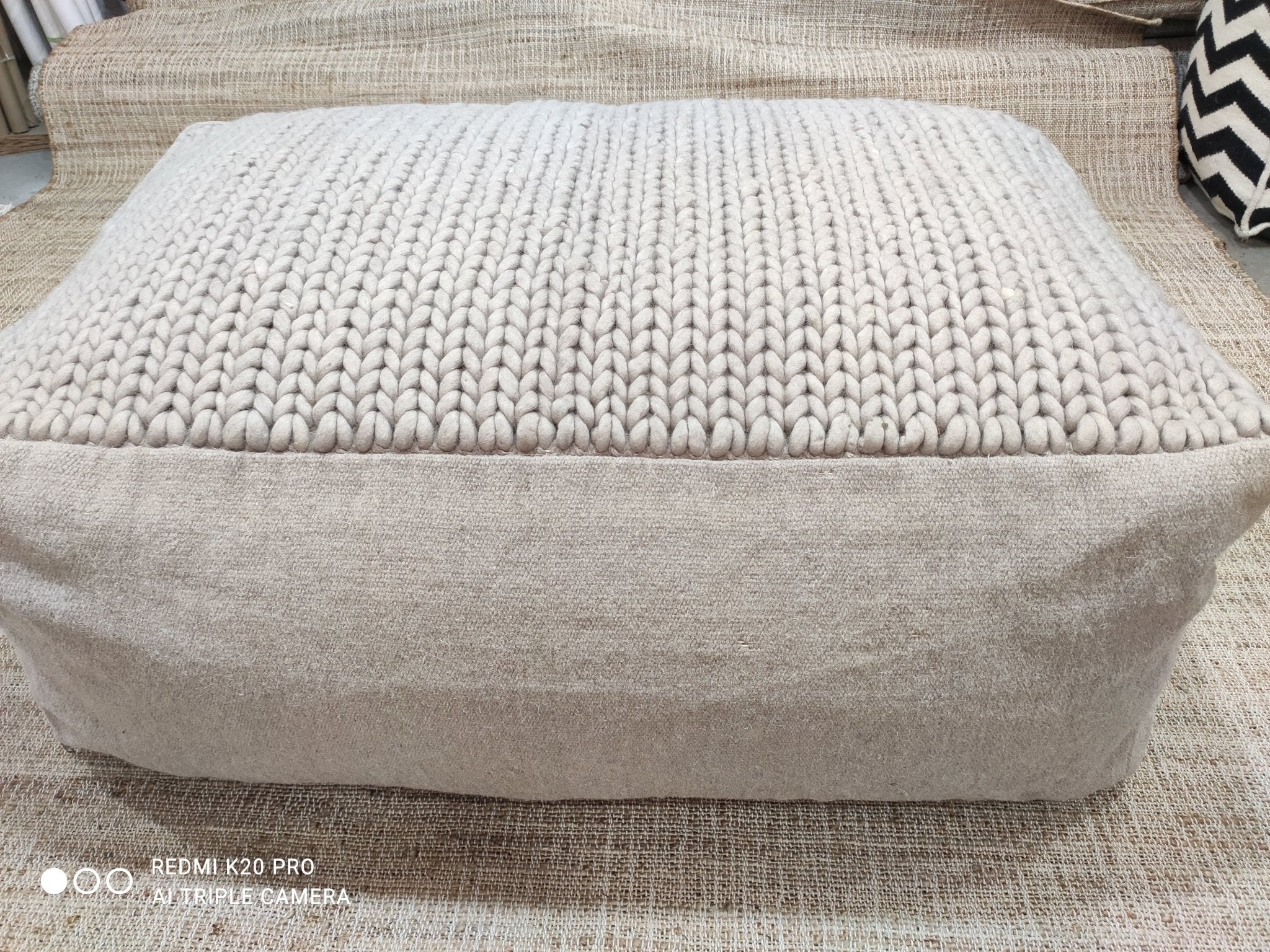 White Handwoven Wool Pouffe | Banana Manor Rug Company
