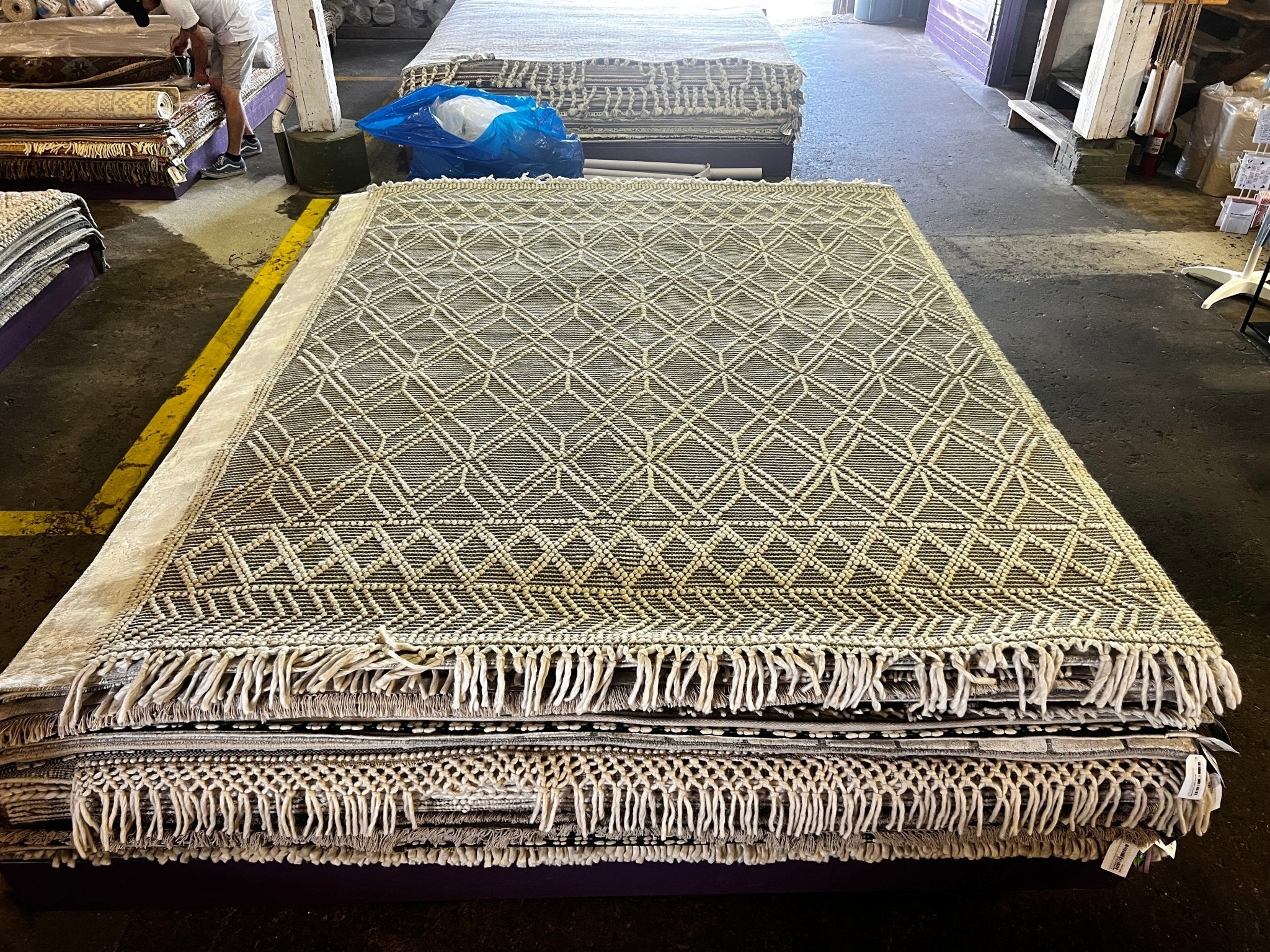 William Whitehead Handwoven Wool Durrie Ivory Blue Geometrical (various sizes) | Banana Manor Rug Factory Outlet