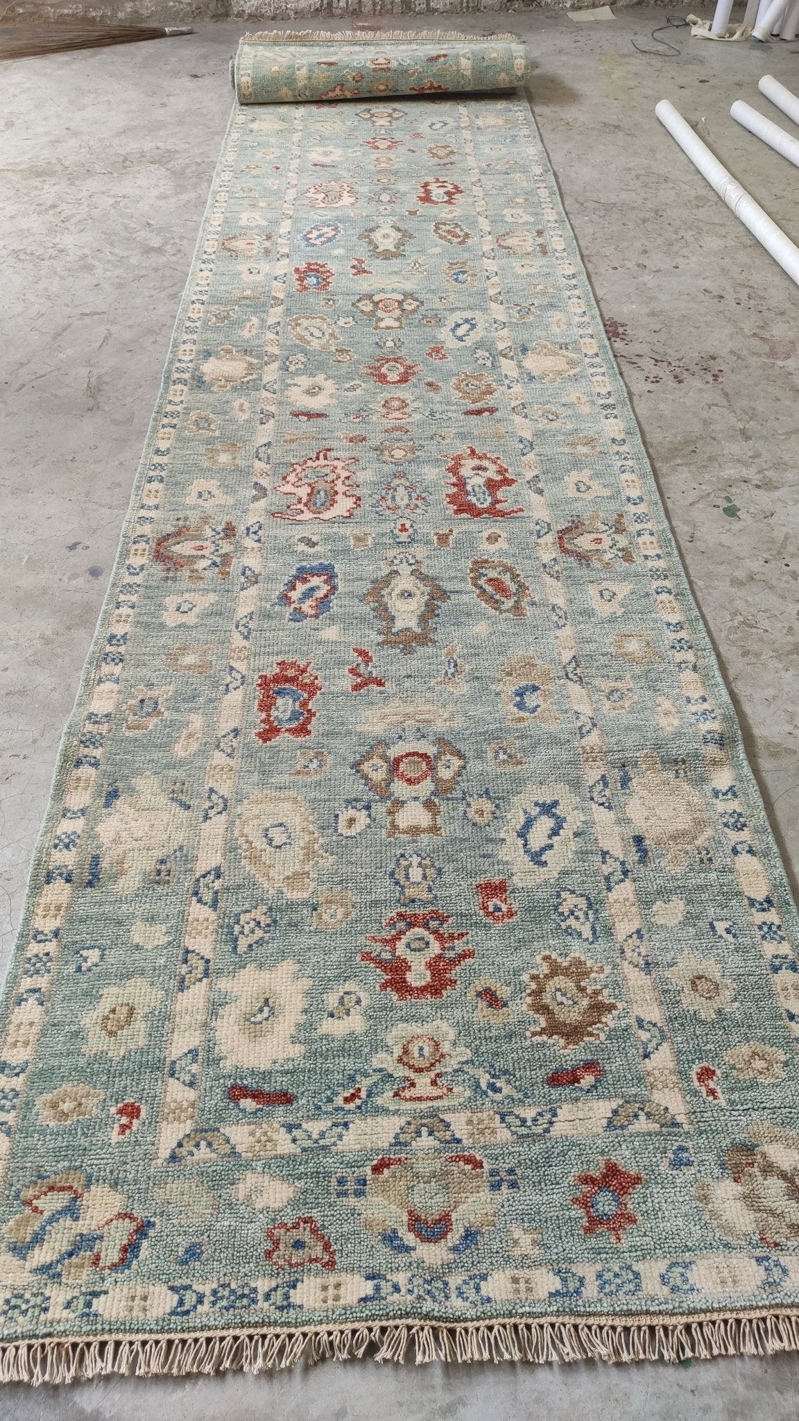 Winter 3x18 Aqua and Blue Hand-Knotted Oushak Runner | Banana Manor Rug Company
