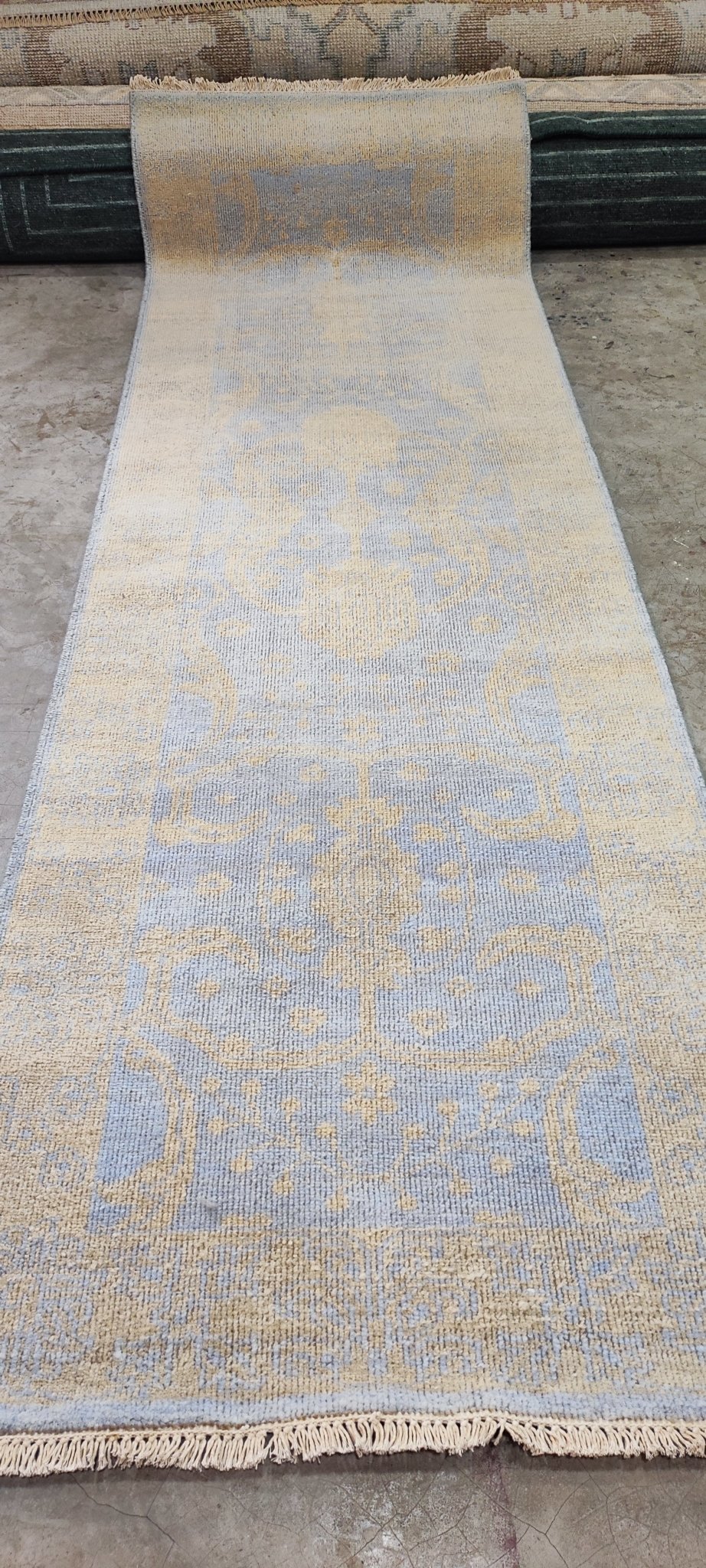 Zoe Bell Hand-Knotted Aqua and Gold Oushak Runner 2.9x9 | Banana Manor Rug Company